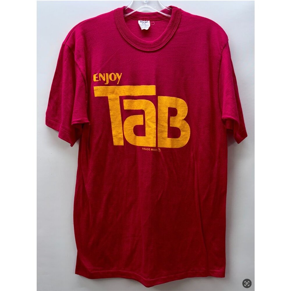 Vintage Enjoy Tab T-Shirt Size XL Red/Yellow Logo Retro 70s Genuine Signal